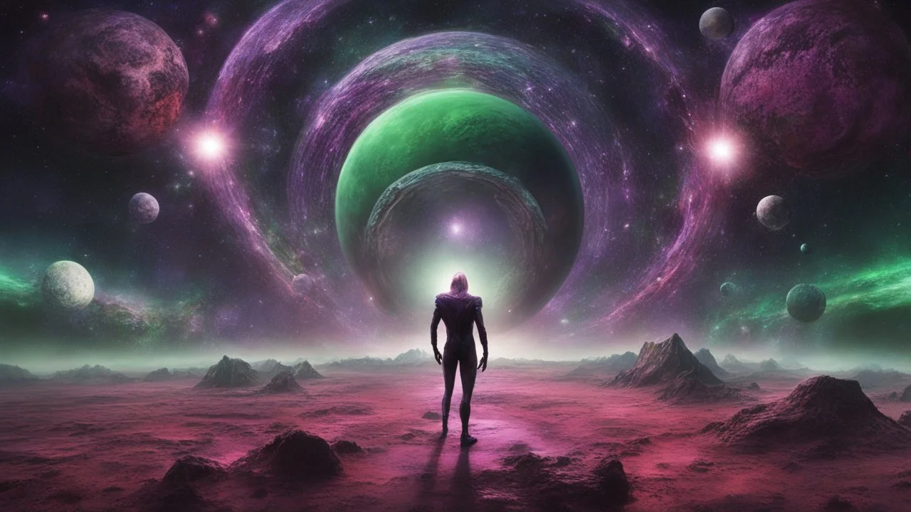 matrix universe, space, planets, god creation. purple, dark green and red, aliens from other dimensions of time