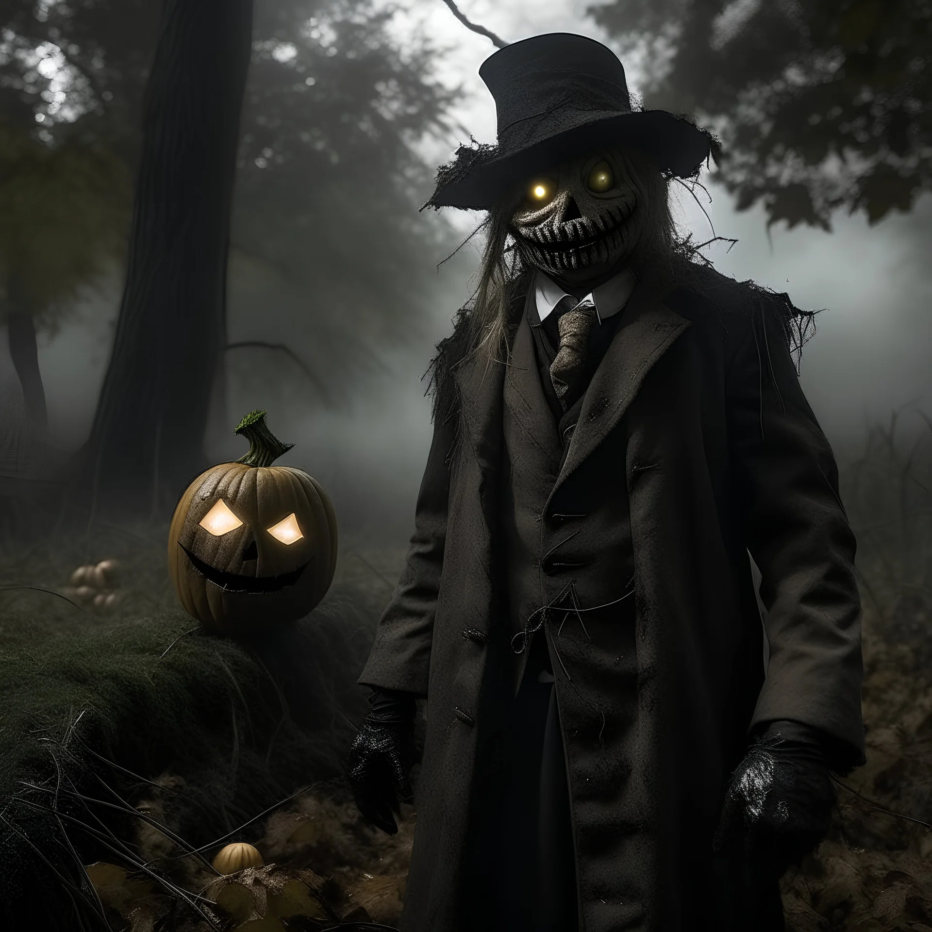 In a cemetery with a dark and foggy atmosphere, a scarecrow dressed in a worn, old suit stands. On its head is a large pumpkin mask; the mask glows from within, with its eyes and mouth carved in a frightening manner, emitting light and featuring a detailed carved face. In the background, there are old, moss-covered tombstones, a dimly lit large full moon, and a starless night sky. In the distance, there's a small shadow of a town. Bats are flying in front of the full moon. The scarecrow’s expres