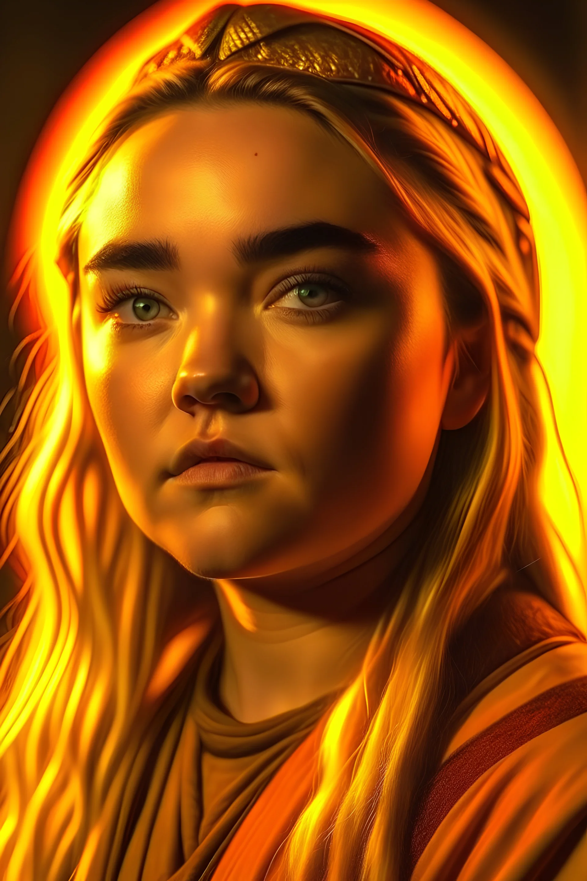 corrupt Aasimar, radiating golden-eyes radiating halo florence pugh