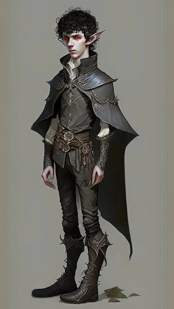 boy elf,he has curly, black hair and sharp cheekbones. His eyes are black. He wears fantasy medieval clothes. he is lean and tall, with pale skin, full body with boots, full body back view