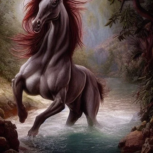 ::Beautiful Centaur.Creature of a combination of a man, and a horsehalf horse, and half human::Arrives into Acheron River, insanely detailed and intricate, colourful, abstract,fantasy,hyperrealism, delicate, high definition, detailed, complex, triadic vibrant colour,artistic,beautiful creauture, by Tom Bagshaw,Asher Brown Durand, Anna Dittmann, Dan Mumford, Magali Villeneuve,Christoper Lovell,