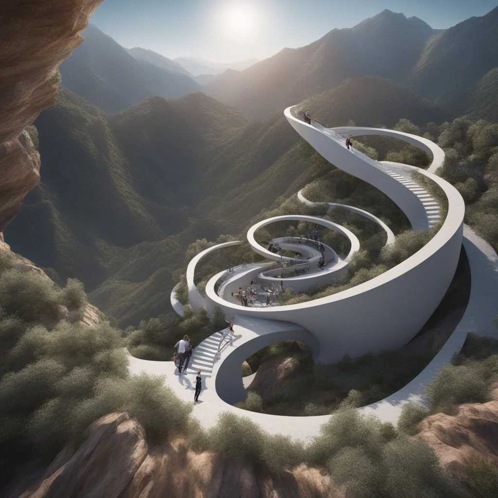 perspective viewpoint in the mountains, in the form of an ascending spiral, people, men, women and children, incredibly hyper-detailed, ZahanHadid style architecture 4k