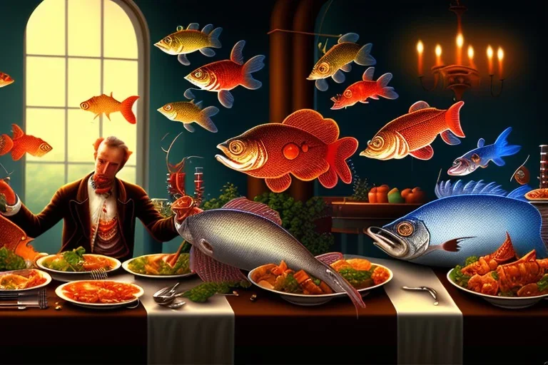 supper, fish sit at the table and eat pieces of people.