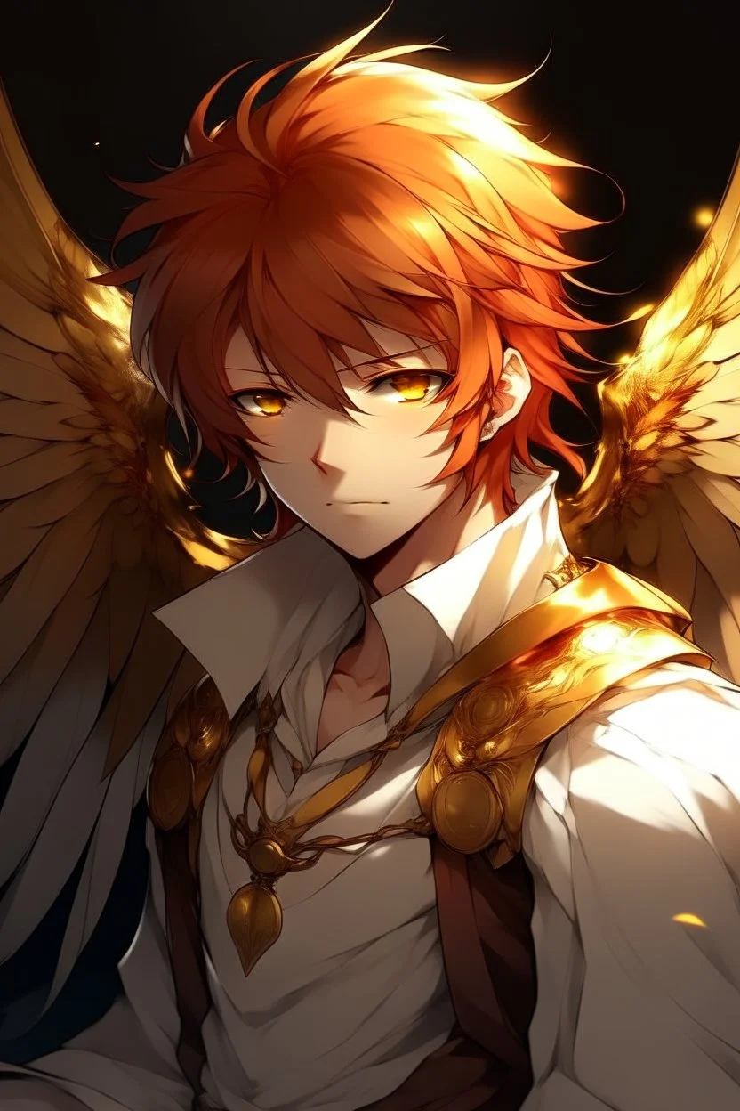 A male anime angel with messy red hair, gold eyes, large, feathered wings that look damaged.