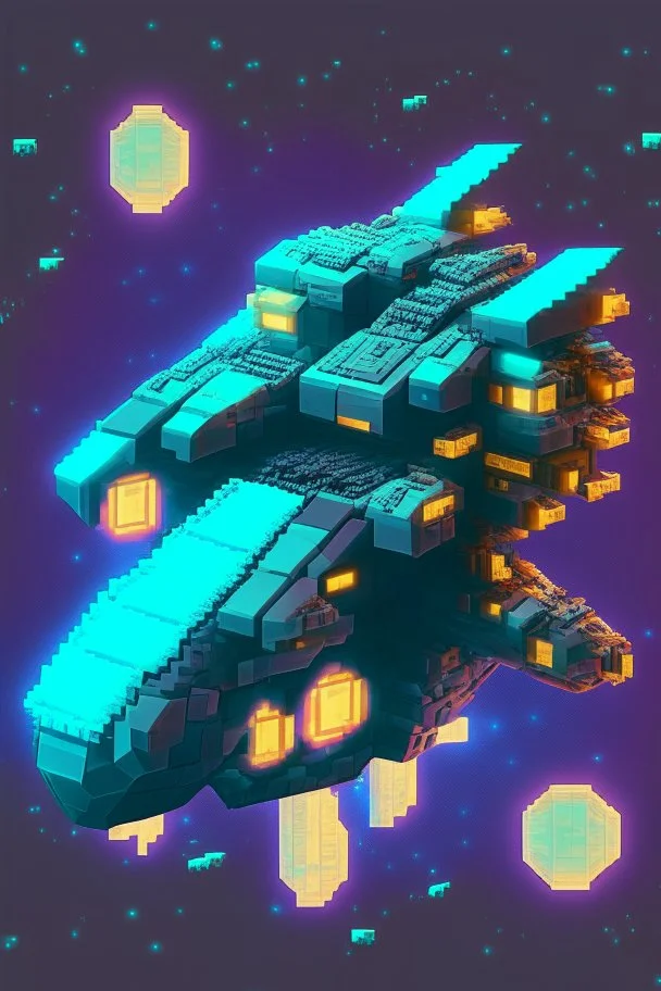 voxel space ship in game asset house anime cyberpunk style starry background