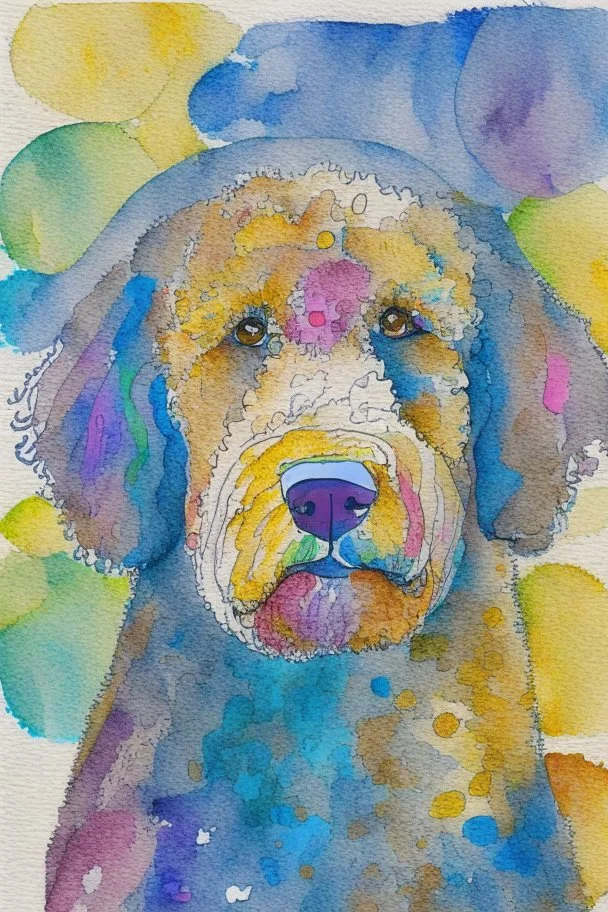 abstract watercolour of the head of bernadoodle dog in the style of paul klee with circles of colour and pencil outlines