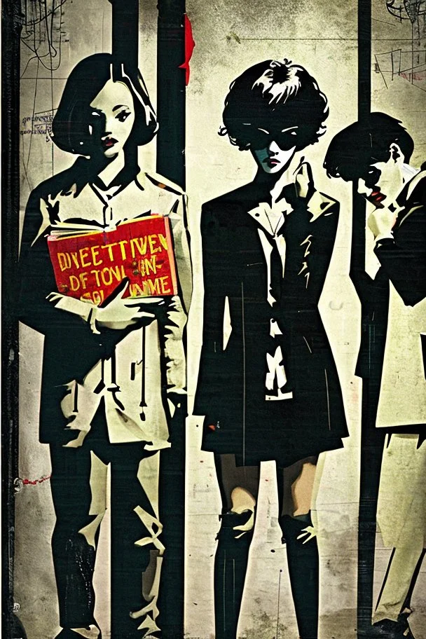 Design a detective book cover for teenagers. A teenage punk girl-detective in the centre, one boy on her left, and one on her right are on the town street. Black cat. Banksy style, pop art style, mysterious atmosphere,