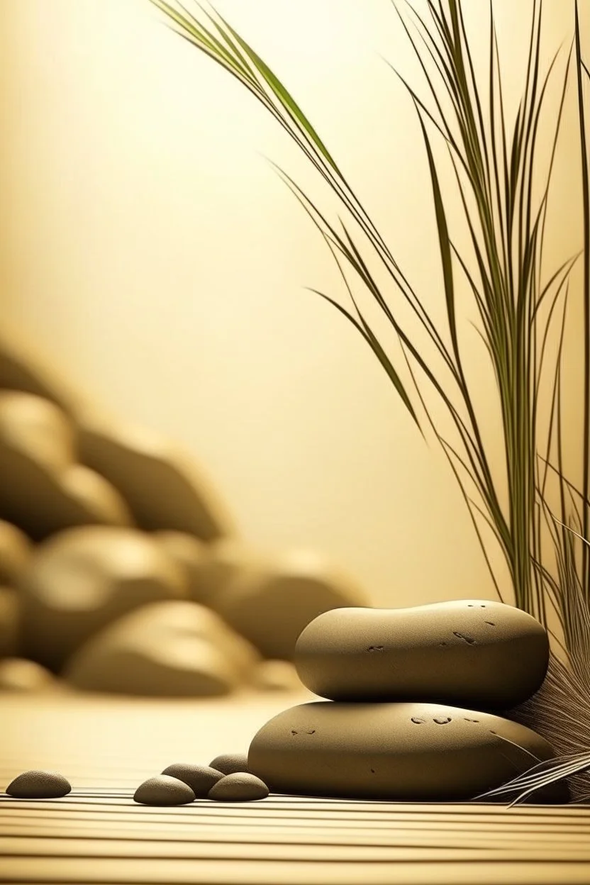 gentle shining background, spa stones and bamboo stem, sand in the background, silhouette of a girl with praying hands on the stones, photorealistic photo