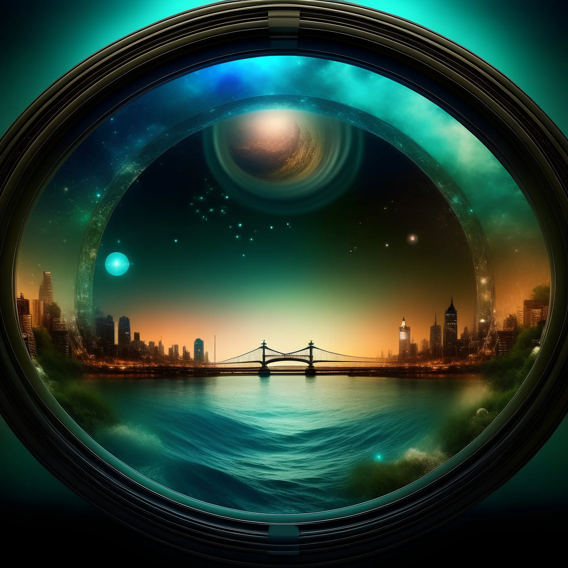 circular picture frame, scene of galaxy and waves, bottom half underwater, top half out of water, showing the sky and city skyline with a large bridge, planets, the great unknown, bridge