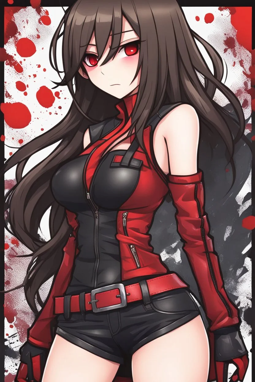 a full-body shot of a woman with long brown hair, red eyes, with a confident, 'bad girl' vibe, wearing black and red leather, ((Chibi anime style)), intricately detailed, splash art background