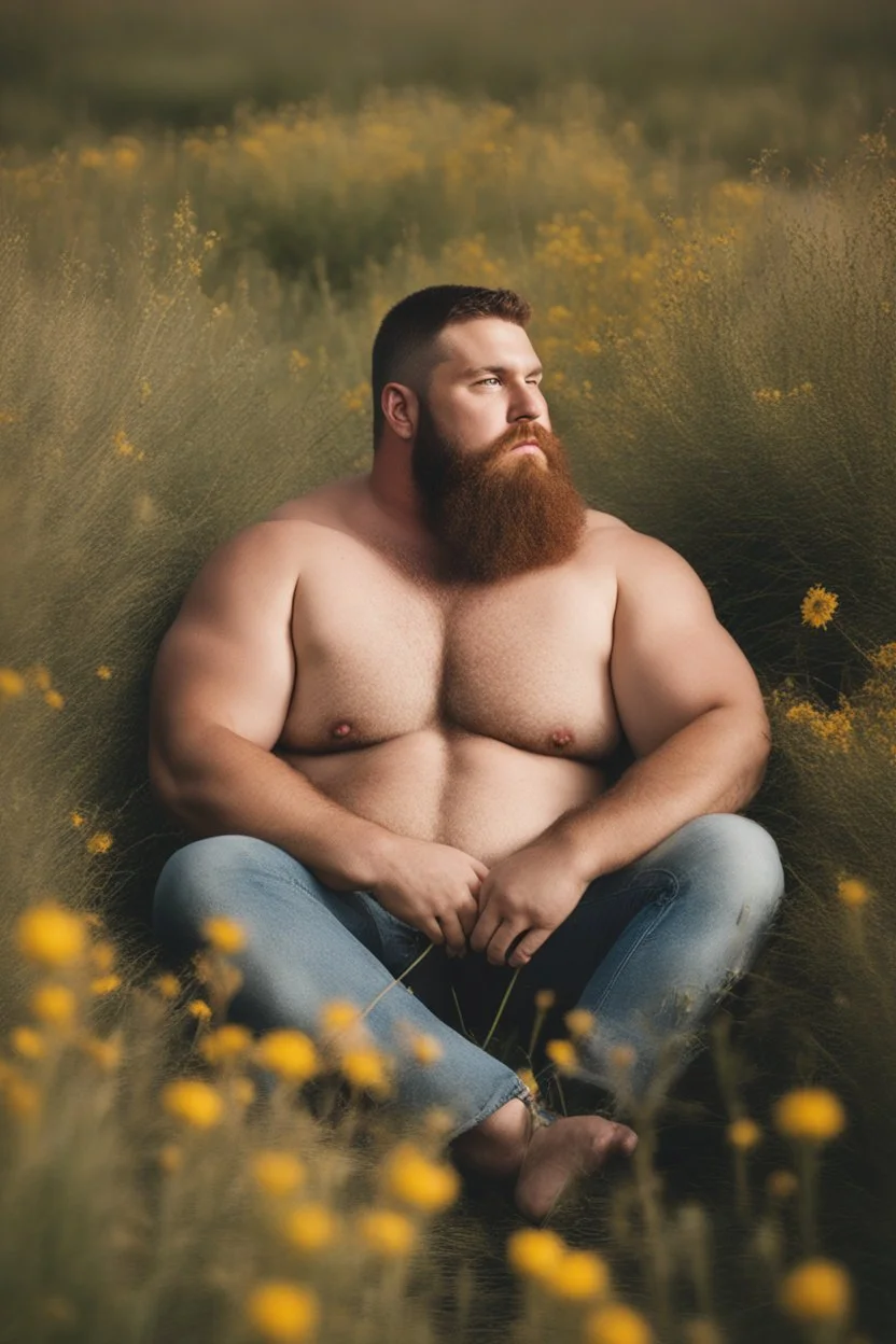 full figure photography, shy muscular big fat chubby, 35mm lens, burly italian man short hair, 27 years old sitting in the meadow with a flower in a hand, near a big farm , red short beard, , hairy armpits, manly armpits, ugly, manly chest, hairy chest, big shoulders, , huge belly, manly chest, shirtless, with boxer, emotive eyes looking at camera, photorealistic , dim side light, ambient occlusion, side view, poetic composition, golden ratio