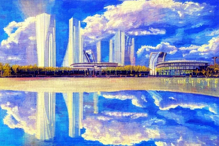 Sunny day, clouds, futuristic buildings, water reflections, sci-fi, tendency to impressionism, realistic painting