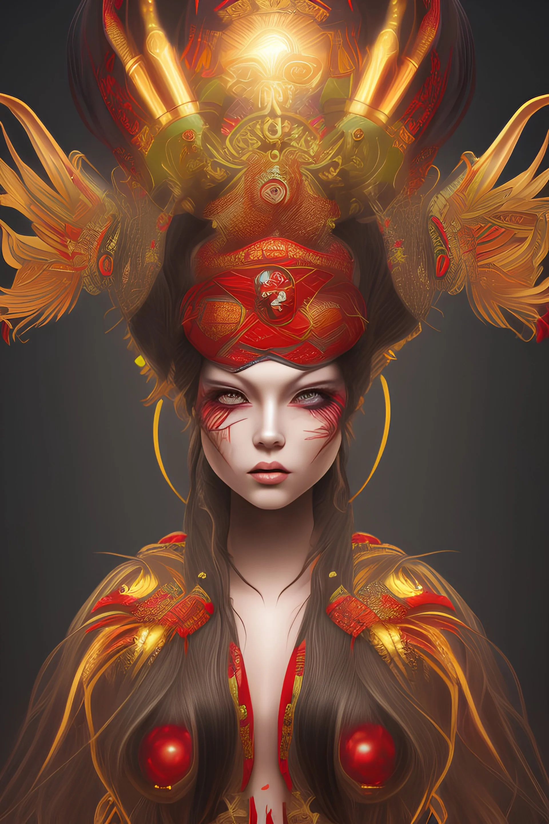 sun goddess, asian, black hair with a red streak, red eyes, detailed portrait