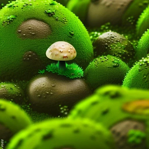 microphotography mushroom growing in a mossy dense lush green woods, high definition, detail, HD, 8k, realistic, 3d rendering, blender, photography, fisheye, bulge, tilt shift blur
