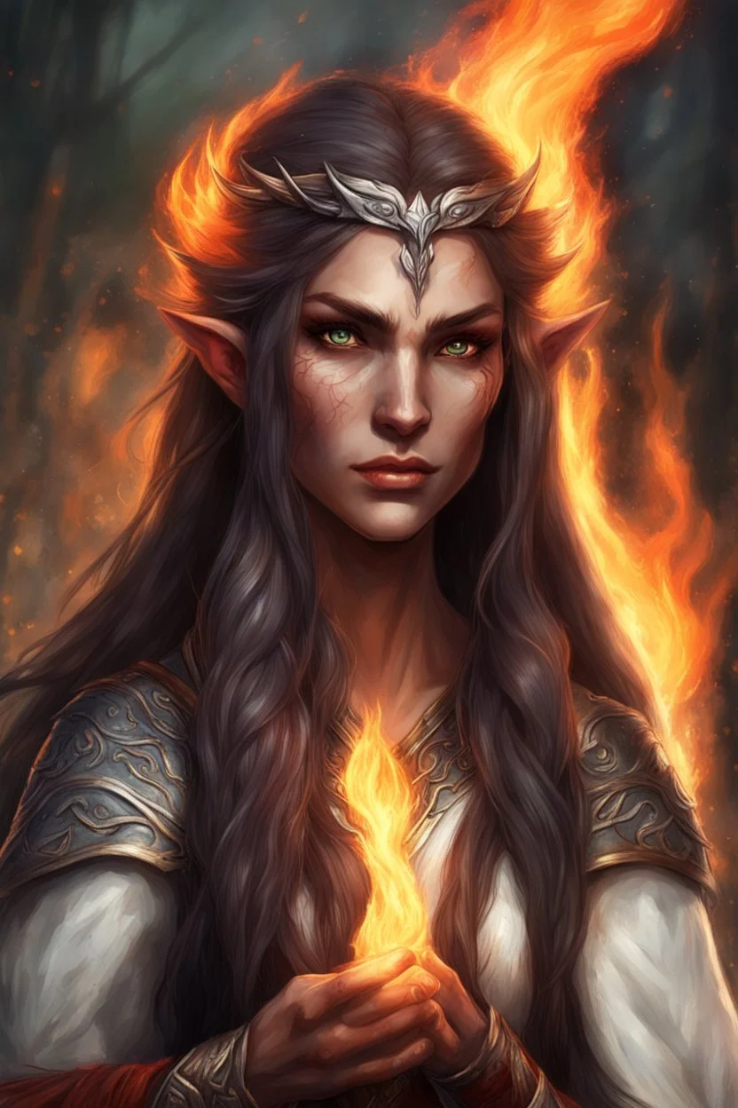 Female eladrin druid. Makes fire with her hands. Fire abilities. Long hair with fire texture. Eyes with fire reflection. A scar over left eye.