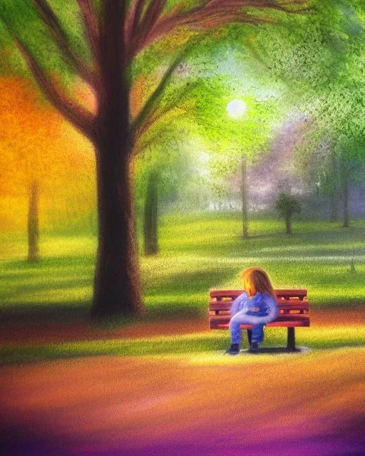 park mystical dream, park bench, man, woman, child, dog, trees, path, bird, sunshine, mystical, fantasy, romanticism, pastel colors, daylight, daytime, acrylic painting, detailed, soft focus,