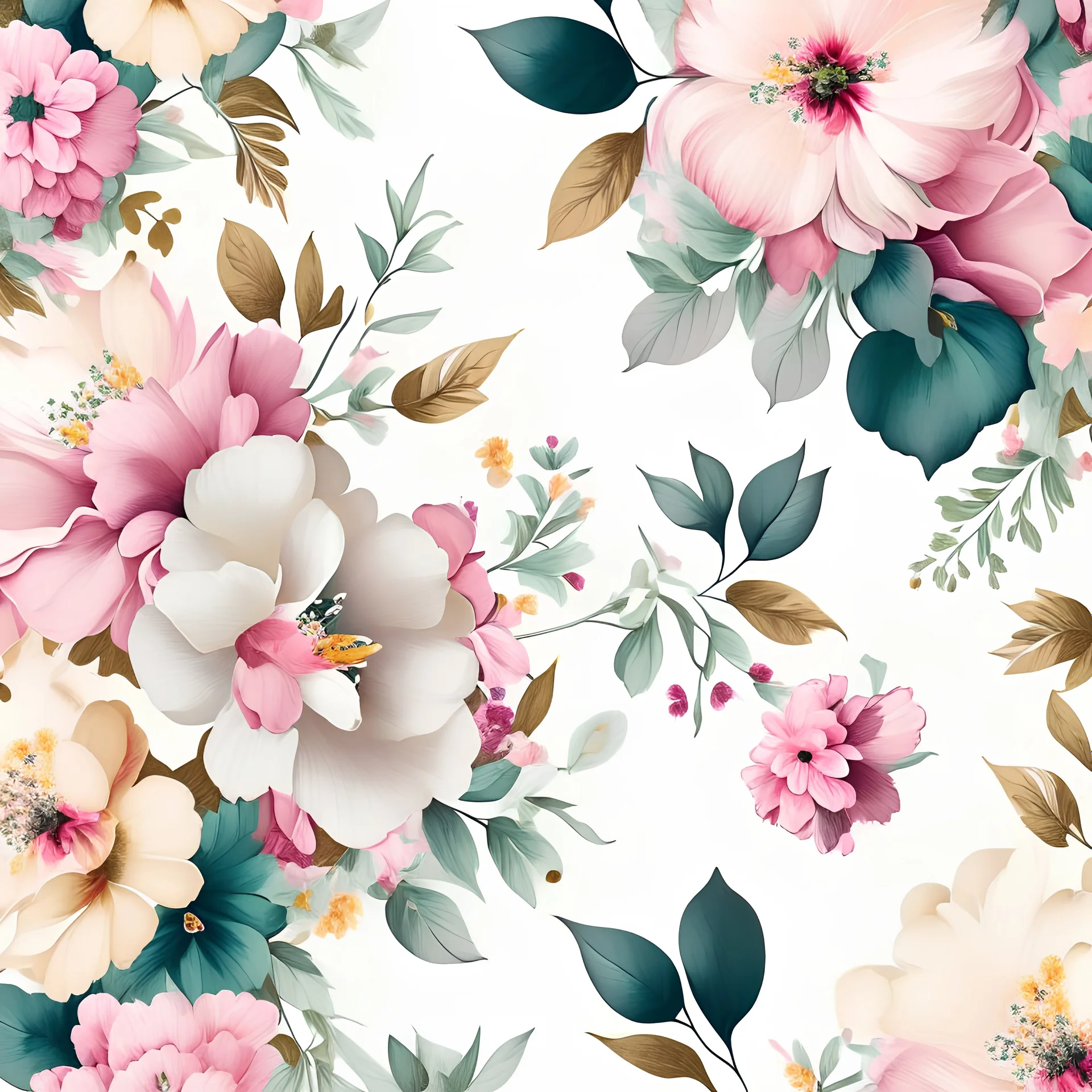 Beautiful flowers pattern digital paper white background