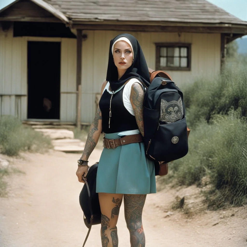 (high res photo by Russ Meyer) Clara, the tattooed free spirit, gangsta nun, burdened with two backpacks, one on her back and one on her front. Is she moving from one house to another or embarking on a vacation to camp? Difficult to say. The constant pressure to keep those worlds coming. The weirder, the better. The weight of the backpacks, the burdens she carries, both physically and metaphorically. Clara seeks solace in the freedom of movement.