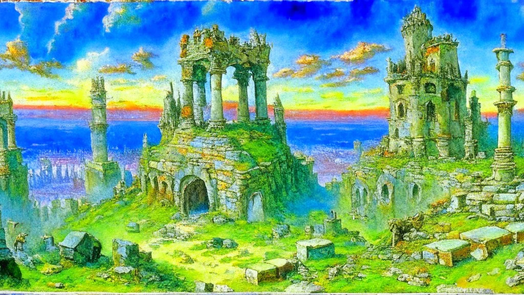 Destroyed City, medieval ruins, debris, stone, breched, brocken, Perspektiv from the sky, by Jean-Baptiste Monge, Ivan Bilibin, Albert Bierstadt, Reza Badrossama, watercolor, intricate details, fantasy, beautiful, oil on canvas, award winning, imperial colours, fantastic view, radient colours, very attractive, crisp quality
