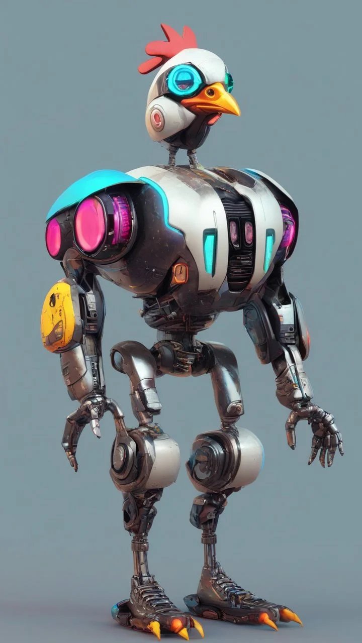 CHICKEN robot, sci-fi, cyberpunk, full body, ultra realistic, virtual reality, cyberpunk city and colors