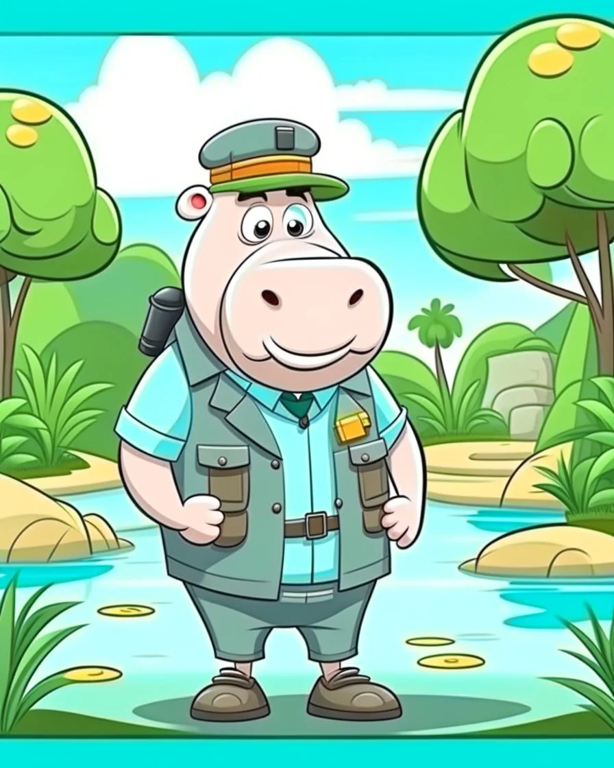 hippo as tourist guide wearing tourist guide uniform, cartoon style, safari landscapebackground, colorful, high quality, high details, realistic