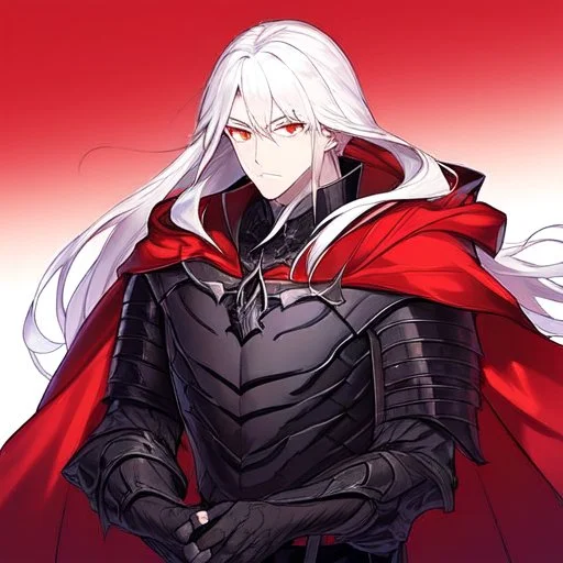 Vampire knight, young man, long white hair, black full plate armor, red cape