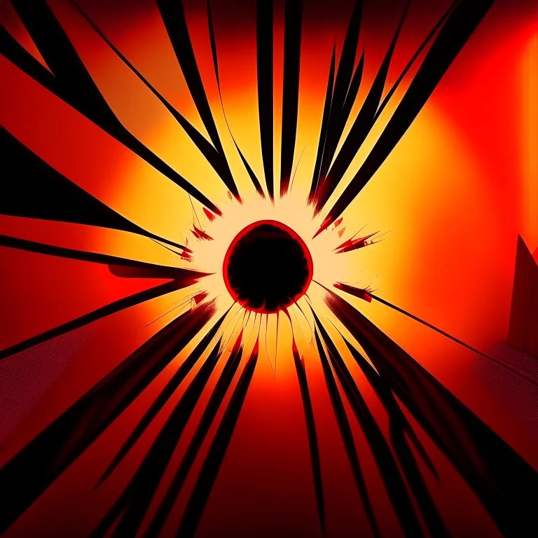 nyctophobia, present at the creation, abstract geometric art, by Don Hertzfeldt, mind-bending illustration; asymmetric, 2D, warm colors, crimson dark shine burn, N(t)=N0​⋅e−kt