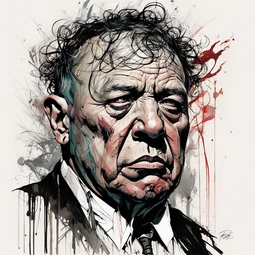 by Russ Mills, by Carne Griffiths, a captivating portrait illustration of Curly Howard, his frustrated countenance dominating the canvas, wild eyes piercing through enveloping darkness, palpable textures, Whelan's distinctive visceral style, detailed line work, opulent shadows, hyperrealistic