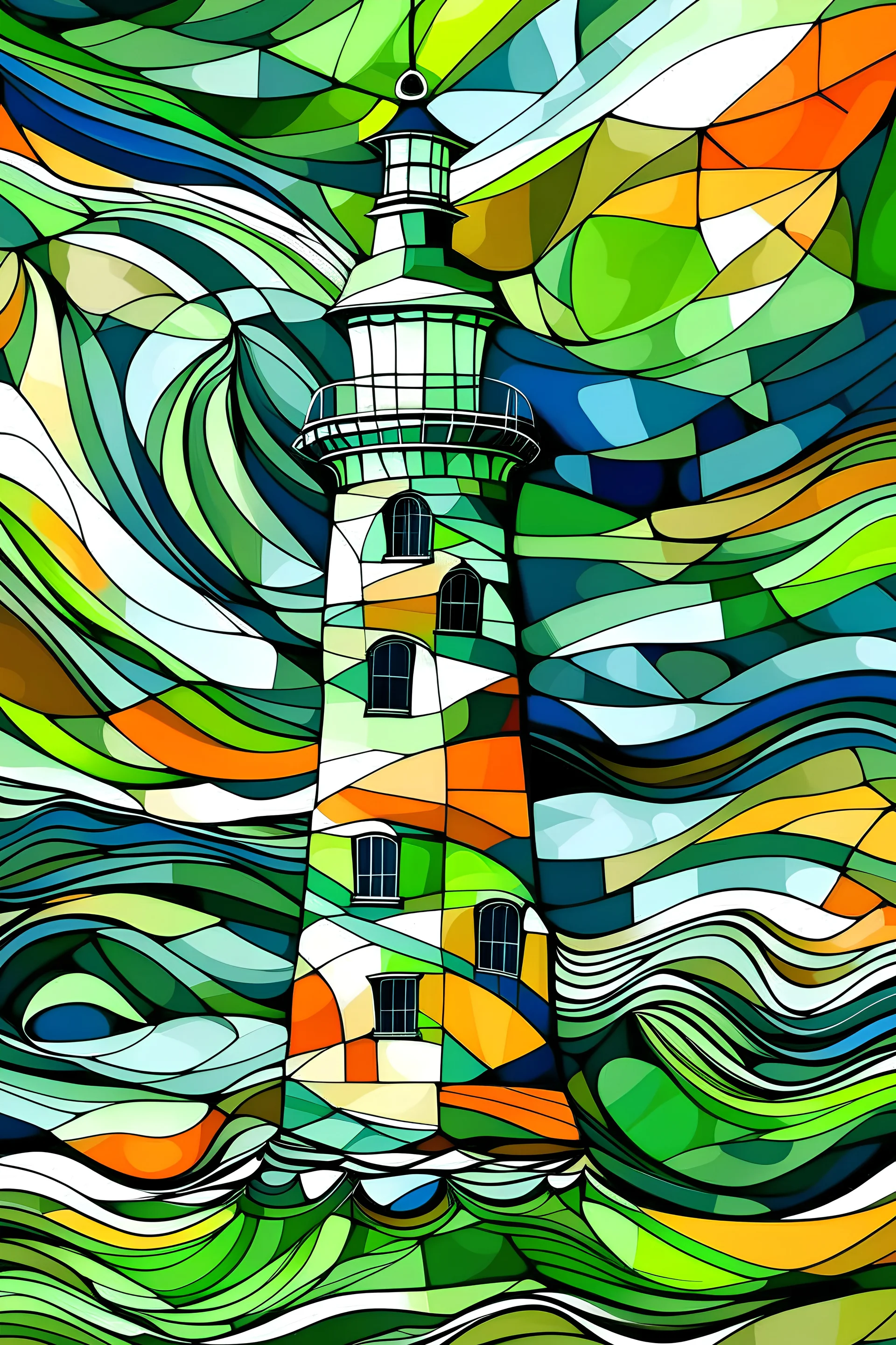 An abstract and expressive interpretation of a lighthouse features for coloring book, representing the connection between people and online mental health services, containing letter "T" and letter "C". The colors navy blue, olive green and orange are used to convey confidence, vitality and seriousness and should be part of it.