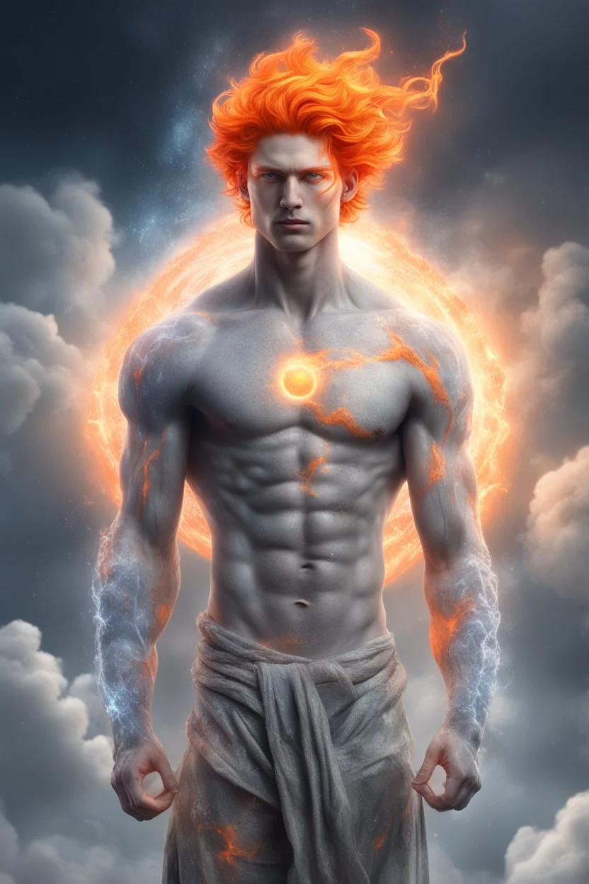 full body picture of a slim muscular god with galaxy's in his eyes, glowing orange hair that looks like it's made of the sun, a light gray body made of clouds with glowing cracks of orange within it in cloud patterns, he wears greek god like clothing that looks as if it's made of ice and water. realistic 4k