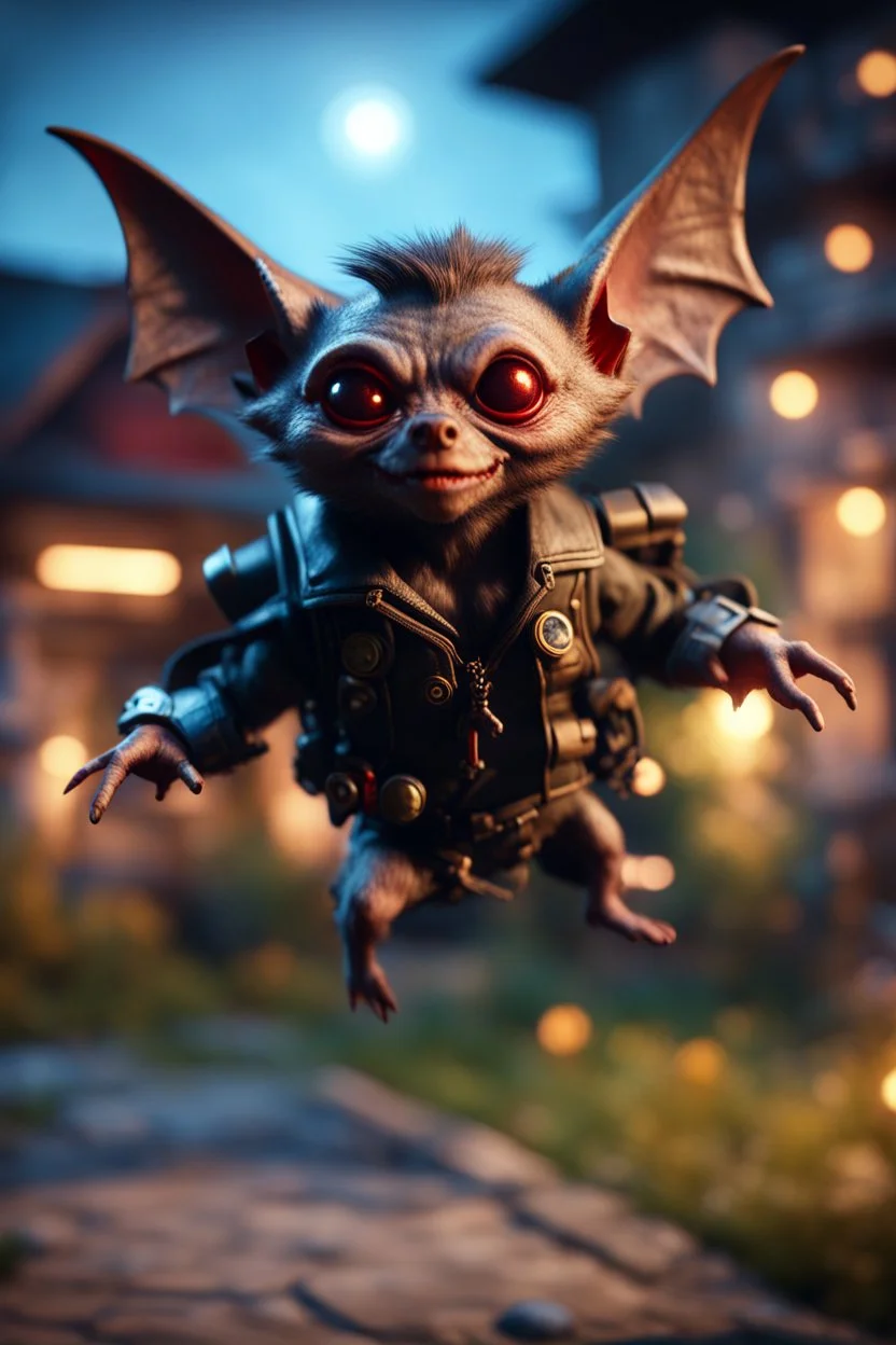 vampire bat gremlin scout pimp hippie, hovering with glowing jets from rocket backpack in the backyard, in the style of a fallout 4,bokeh like f/0.8, tilt-shift lens 8k, high detail, smooth render, down-light, unreal engine, prize winning