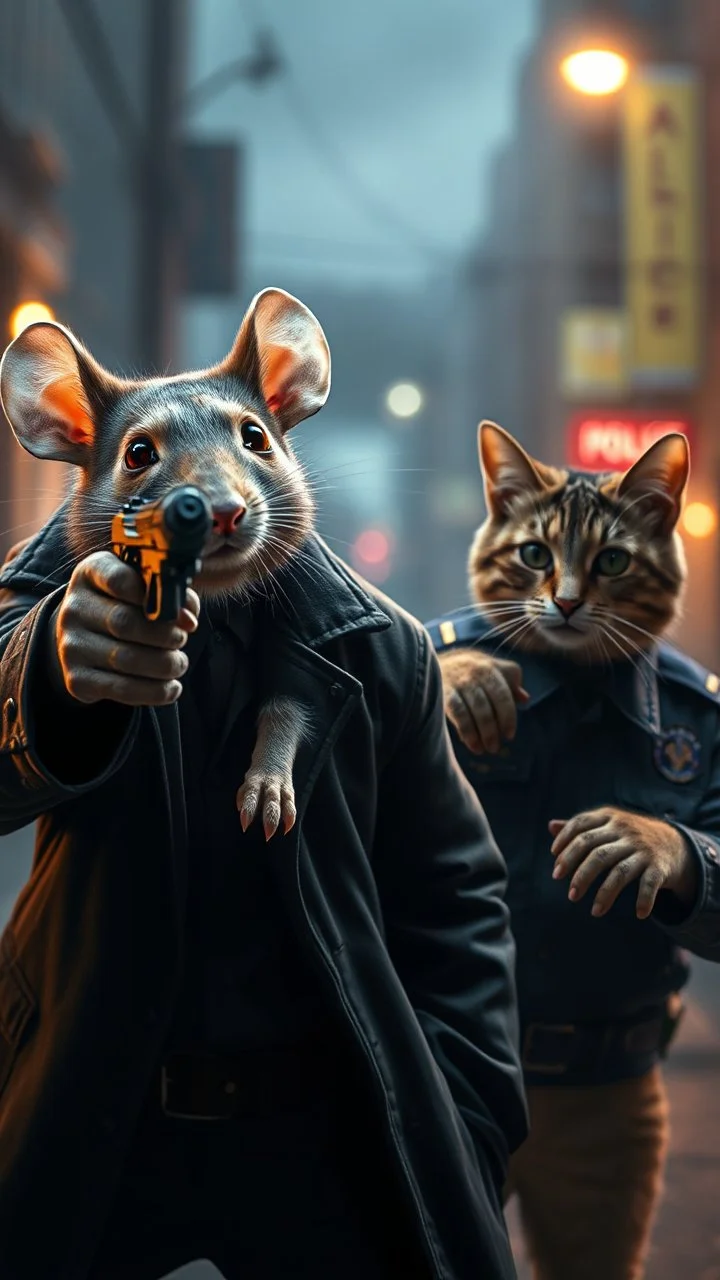 a rat gangster holding a gun toward a police cat , realistic , pro photography , high quality, and cinematic scene