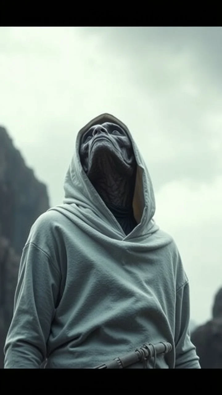 The creature from the the movie Prometheus with white hooded clothes looking to the sky