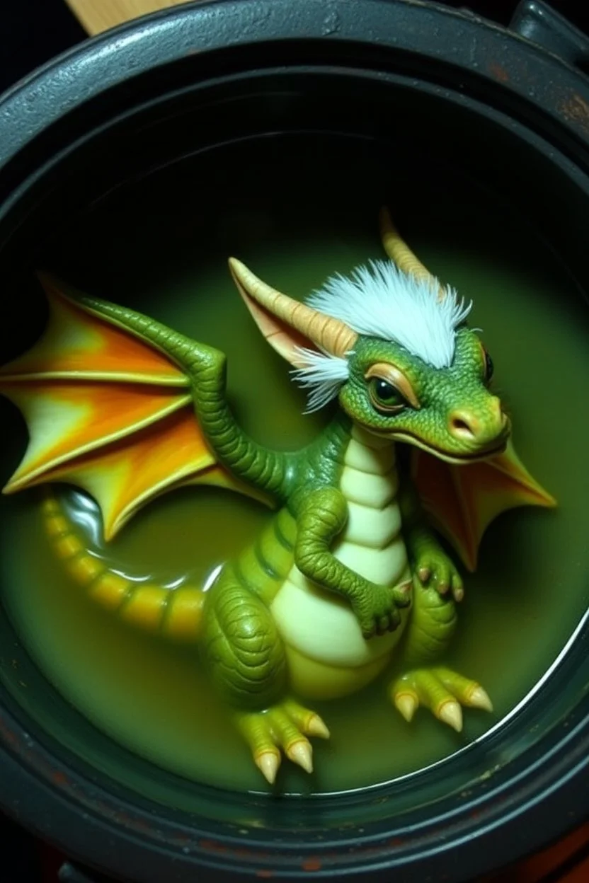 The image depicts a fantastical gremlin duck soup, specifically a dragon, with a unique and whimsical appearance. The dragon is positioned in a circular frame, which suggests it might be inside a container or a vessel. The dragon's body is elongated and has a segmented appearance, with a detailed texture that gives it a realistic look. Its head is covered with white, spiky hair, adding to its fantastical charm. The dragon's wings are large and spread out, with orange and white hues.
