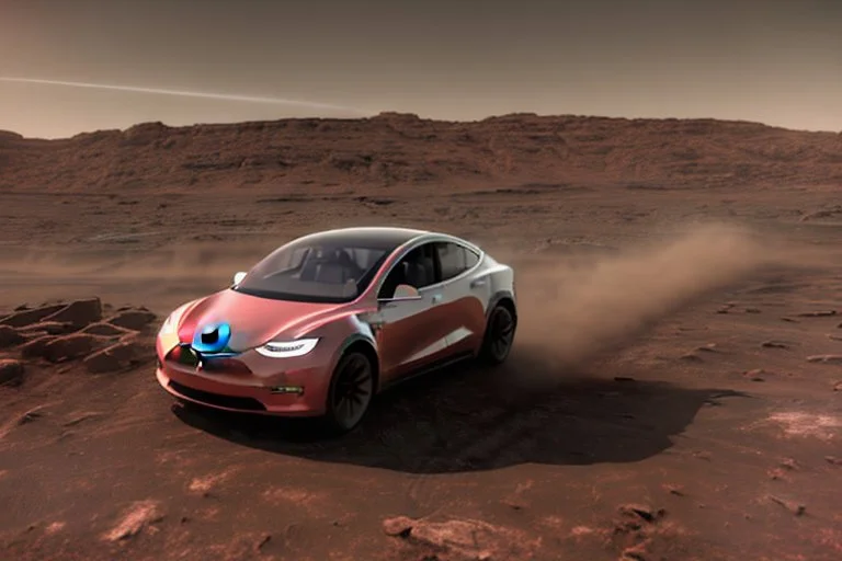 A Tesla 'Model Y' is racing at top speed, at the Cydonia region on Mars. (CINEMATIC, WIDE ANGLE LENS, PHOTO REAL)