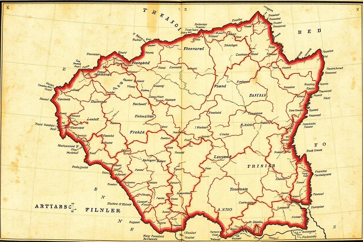 an old and weathered map of an inland section, no words or text, with latitude and longitude lined