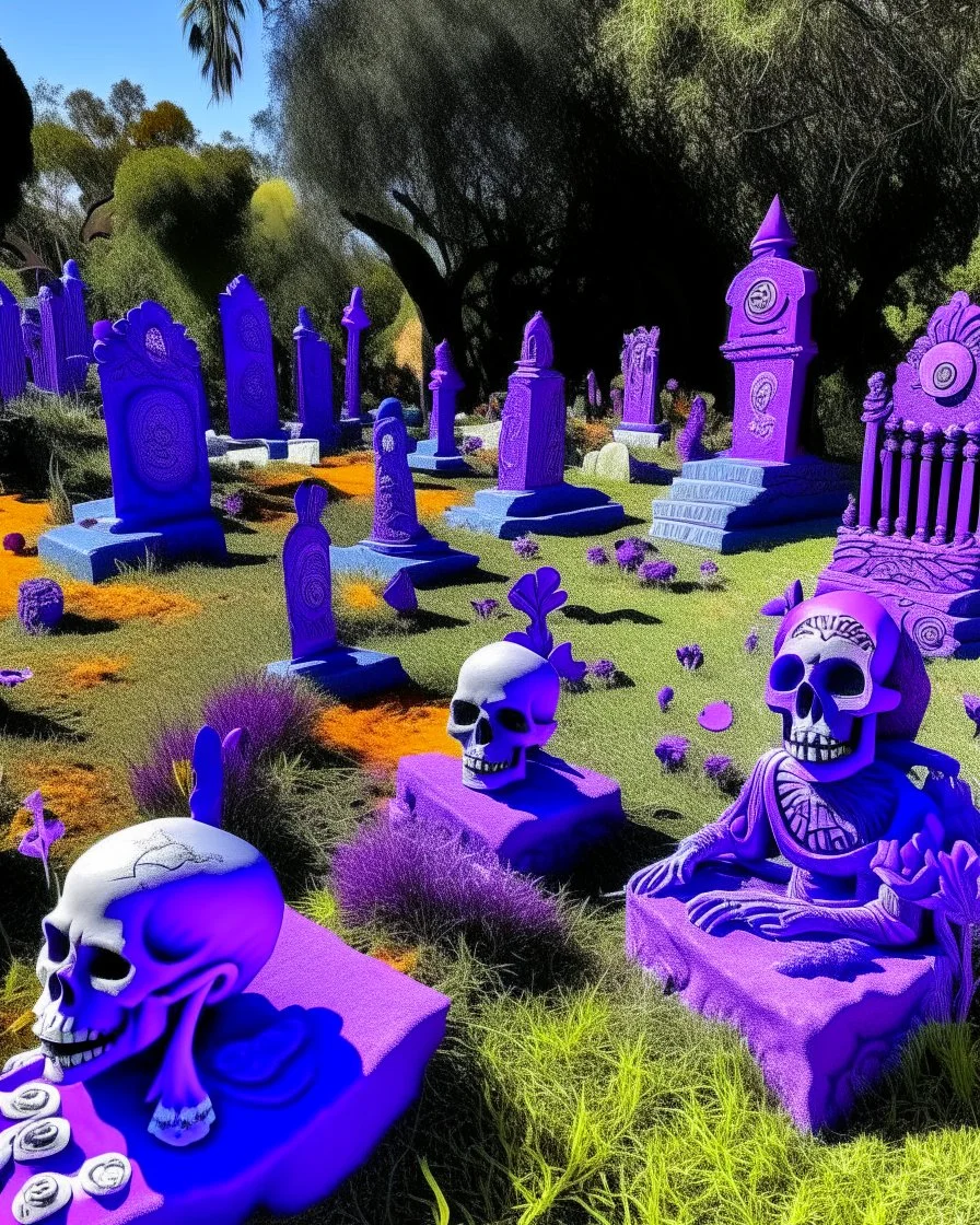 A purple graveyard with Halloween ghosts designed in Oaxacan alebrijes painted by Katsushika Hokusai