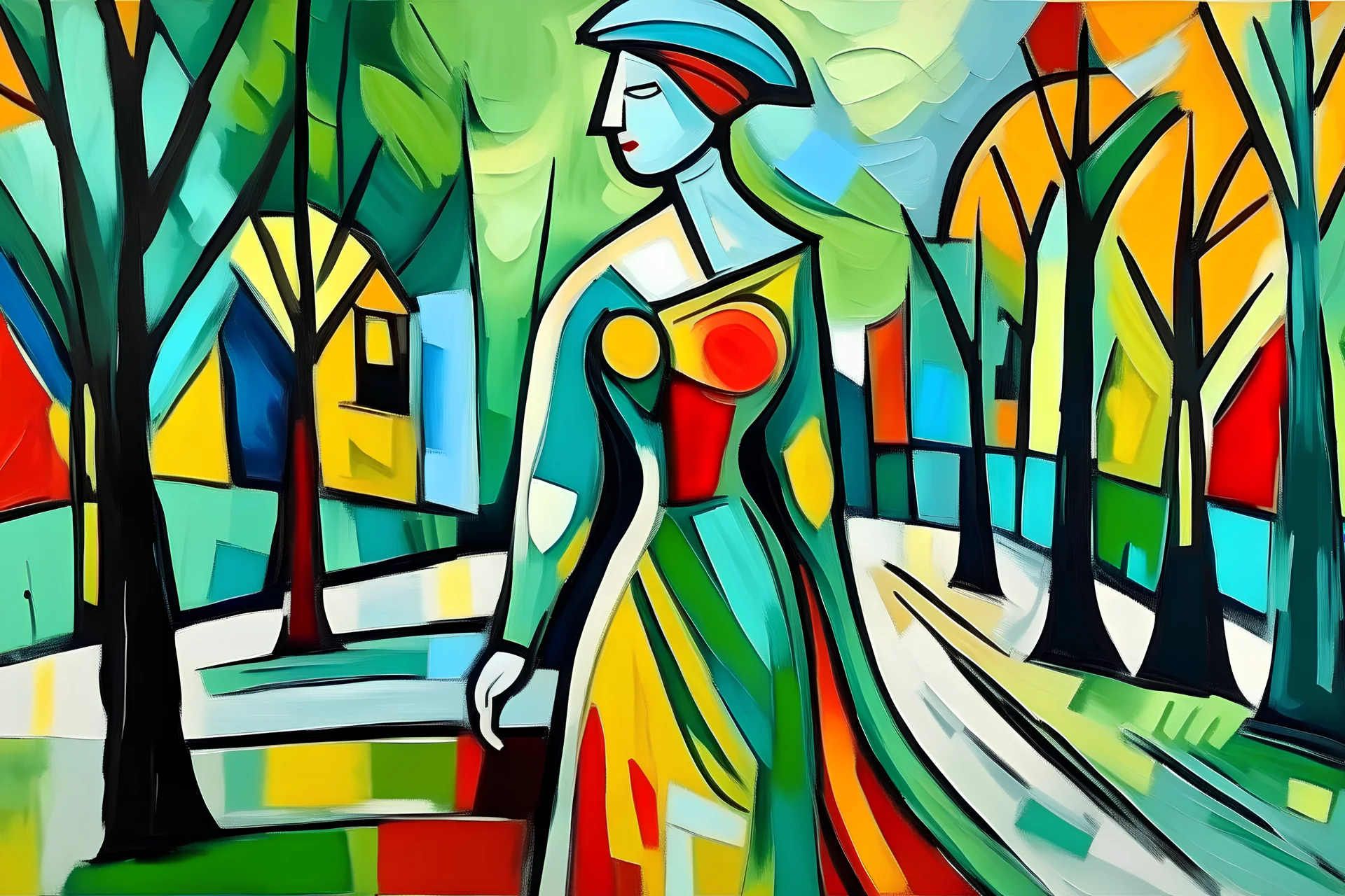 painting in style of picasso woman walks in park abstract