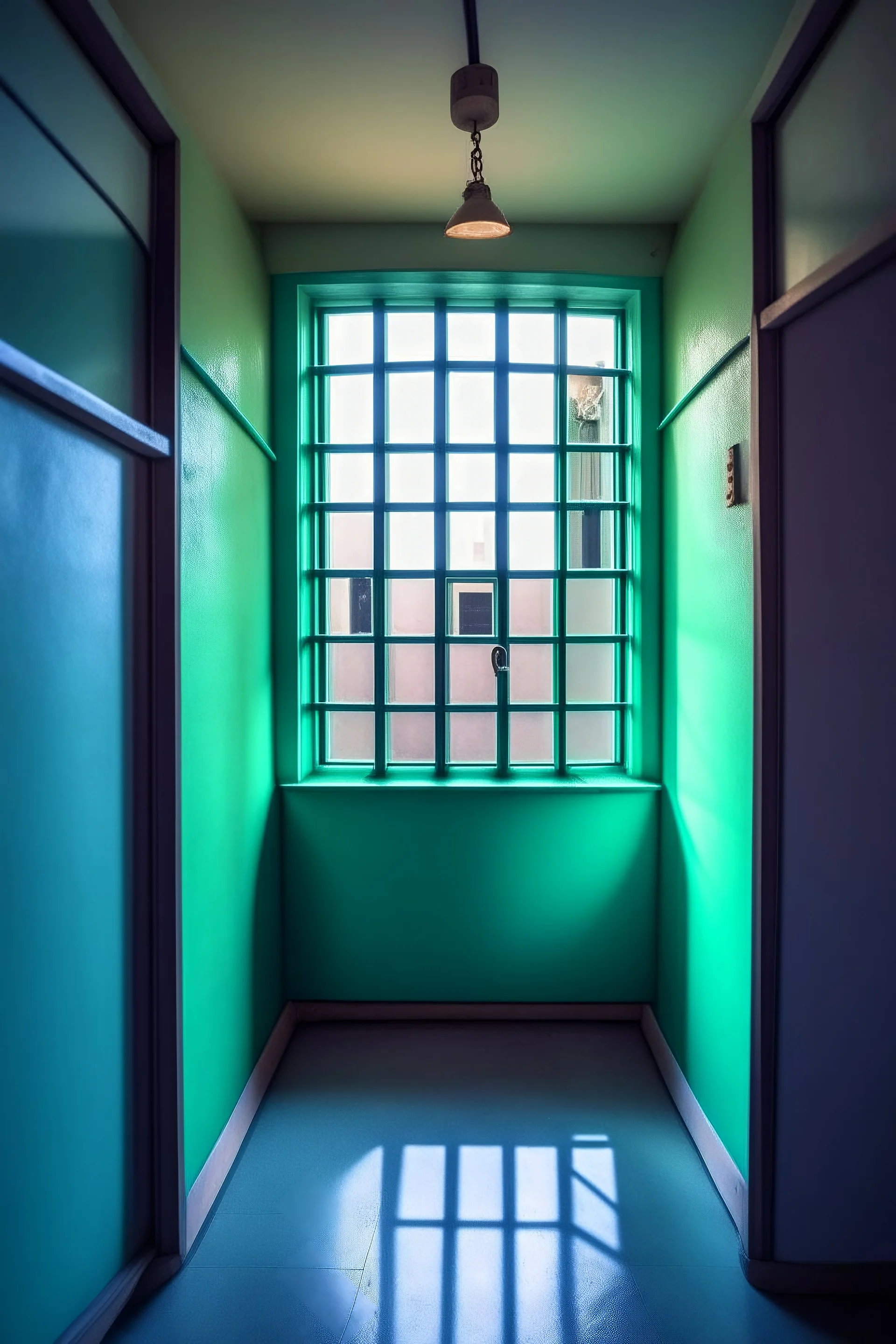 A prison cell with a glass window, the main color is gray, the cell should look minimalistic and boring