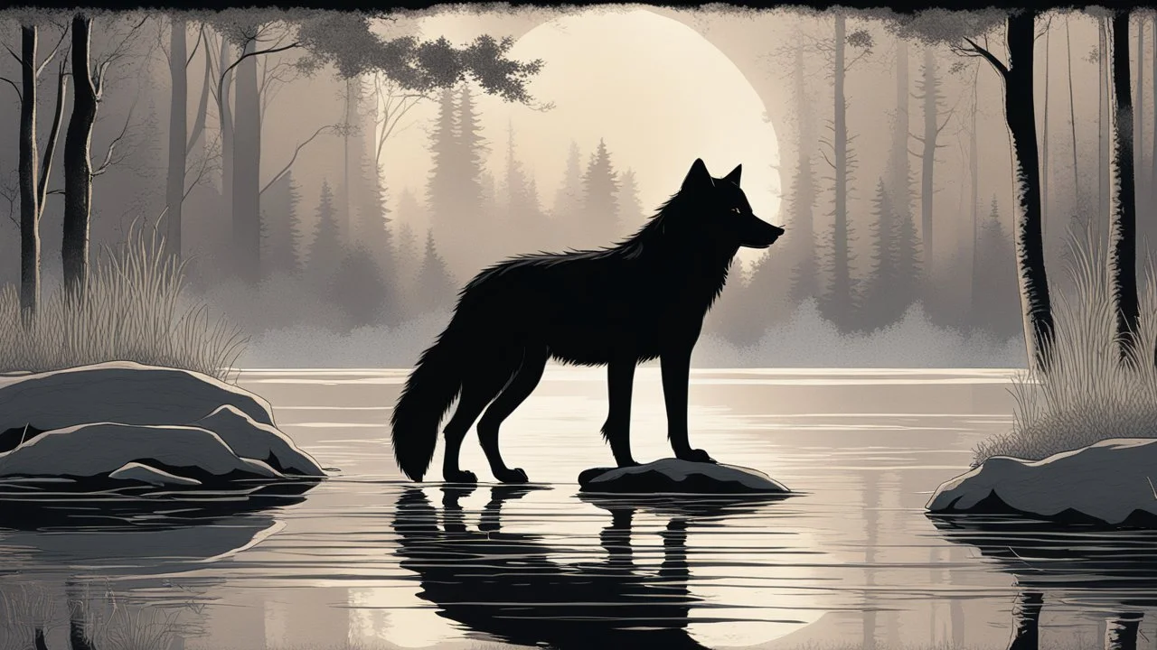 Create a mesmerizing nocturnal tableau featuring a sleek black wolf poised at a tranquil pond nestled within an enchanted forest. The wolf, exuding an aura of regal grace, delicately sips from the crystalline waters under the gentle caress of moonlight, its silhouette a captivating dance against the darkened backdrop. The pond's mirror-like surface mirrors the celestial tapestry above, infusing the scene with an ethereal luminescence. The forest, cloaked in shadow, serves as a mystical embrace,