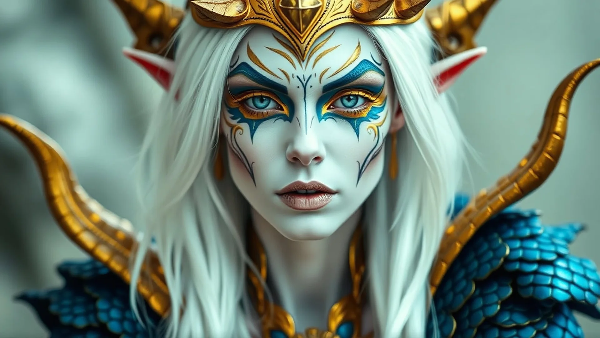 The image features a person with an elaborate makeup and costume that gives them an otherworldly appearance. They have pale skin, long white hair, and pointed ears. Their facial features are accentuated by gold and blue makeup, which includes intricate designs around their eyes and on their forehead. The individual is wearing a headdress with a spike-like design that adds to the fantastical look. They are also adorned in a costume with gold and blue elements, featuring what appears to be scales