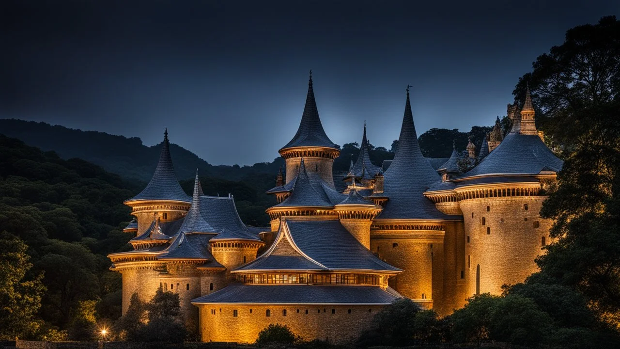 8001, delightful, sensitive, confident, undulating sinusoidal castle with hyperbolic roofs, delicate, night, darkness, architecture, award-winning photograph, beautiful composition, filled with beautiful detail, delicate colour, chiaroscuro