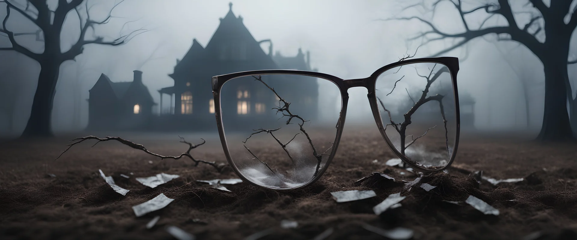 Hyper Realistic closeup view of a broken glasses on the field behind a huge dark mansion with dry old tree at a heavy foggy night