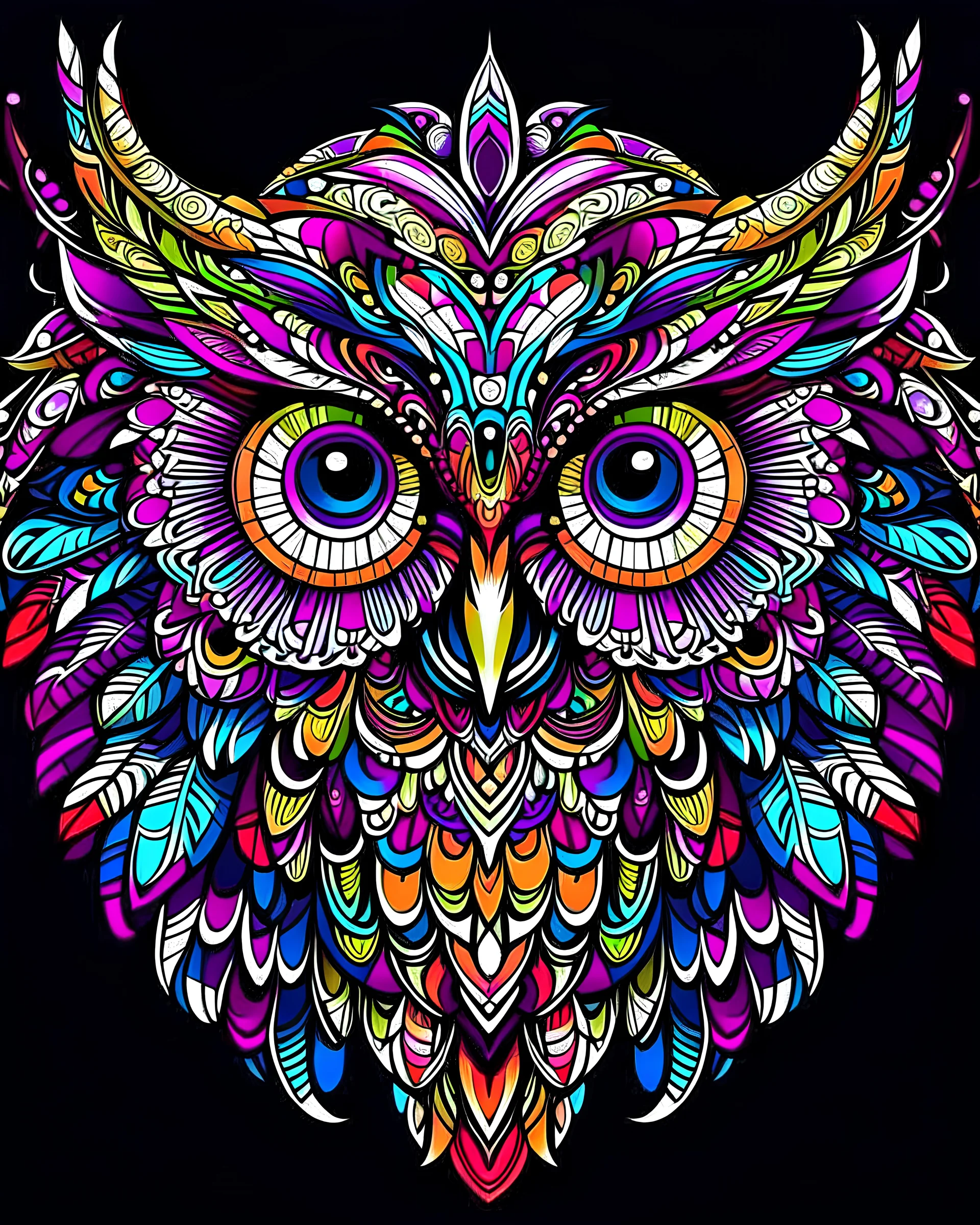mandala style complex Owl colorful page, vibrant color, clean black line, no break line, beautiful look, critical art, digital art, full page design, high resolution graphics, beautiful background dimension 9:16, colorful and bright, purple, magenta
