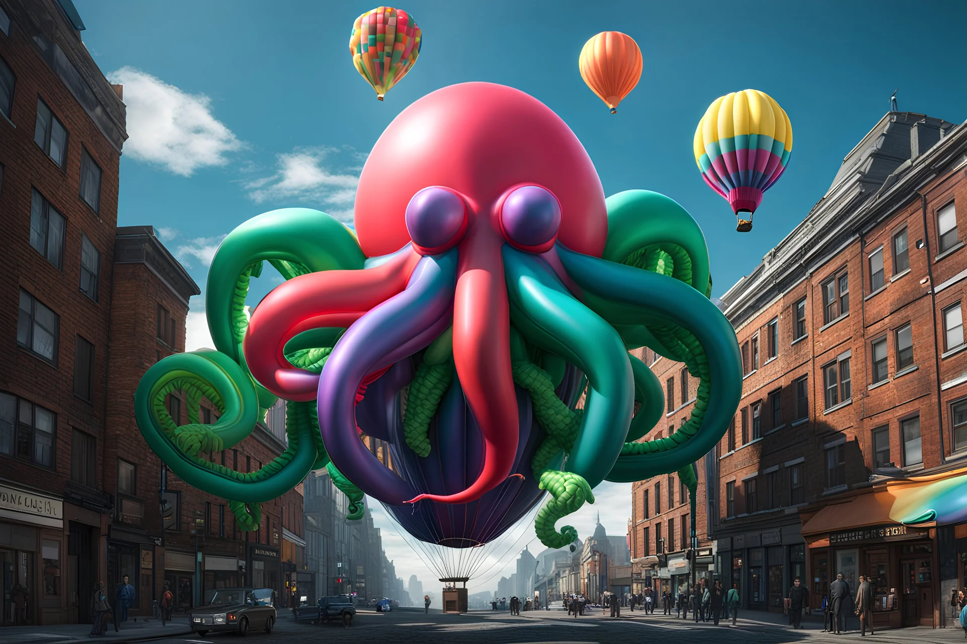 Balloon Cthulhu, created from balloons, hovering over a city :: 8K 3D, Octane Render, hyperdtailed, intricate, colorful, Lovecraft style, horror, weird, award winning, crisp quality, airbrush art, pencil sketch, masterpiece