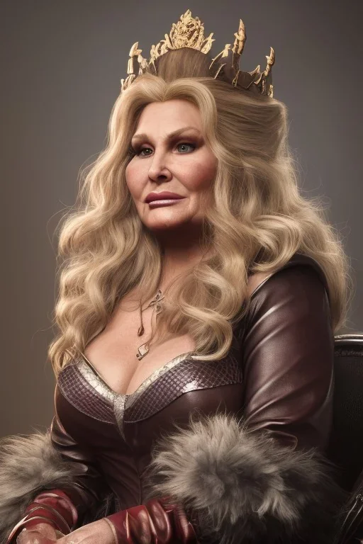 Jennifer Coolidge as evil queen in leather gown, sitting on a throne, cleavage, angry, stern look, unreal 5, octane render,cinema4d, dynamic lighting, dramatic lighting, 4k, redshift render, highly detailed, hyper realistic