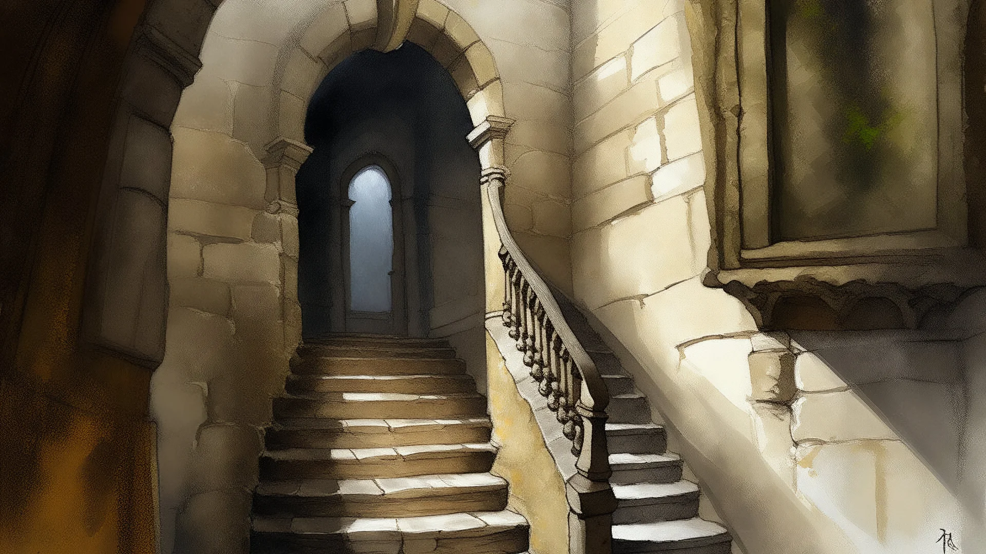 A weathered stone staircase, worn smooth from centuries of use, winds its way up to an arched doorway in a medieval-style building. Through a small window, a sliver of soft light filters in, illuminating the intricate architectural details adorning the ancient structure. This mesmerizing painting captures the essence of history and timelessness, with each crevice and crack telling a story of its own. Rich hues of mossy green and earthy brown create a sense of age and mystery, drawing viewers int