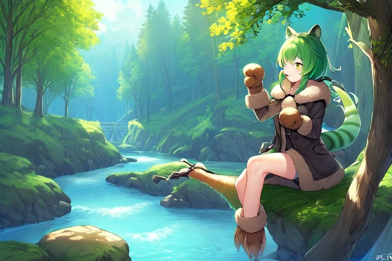 Girl, green hair, raccoon tail, raccoon paws in hand, raccoon paws in foot, forest, river, sit on tree, coat on neck, with tongue out, big tail, fur on hand, fur on feet