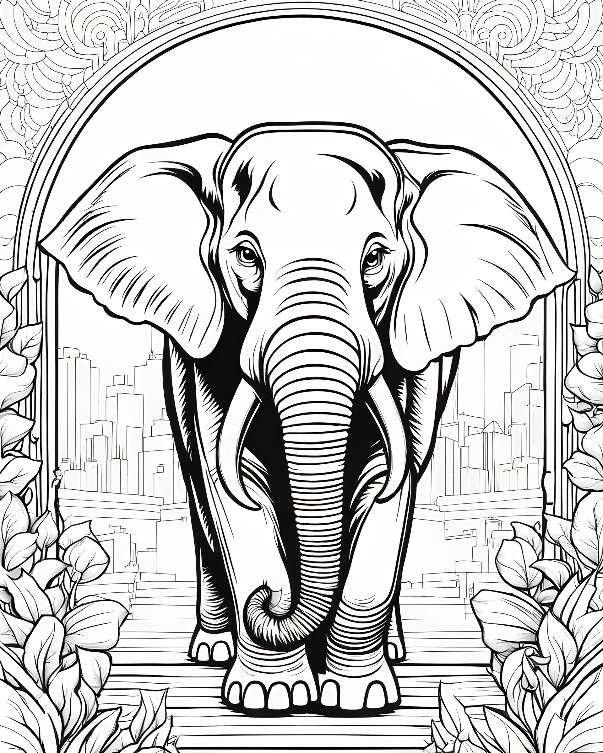 B/W outline art,coloring book page, full white, super detailed illustration for adult, "Elephant as Builderman", crisp line, line art, high resolution,cartoon style, smooth, law details, no shading, no fill, white background, clean line art,law background details, Sketch style, strong and clean outline, strong and black outline