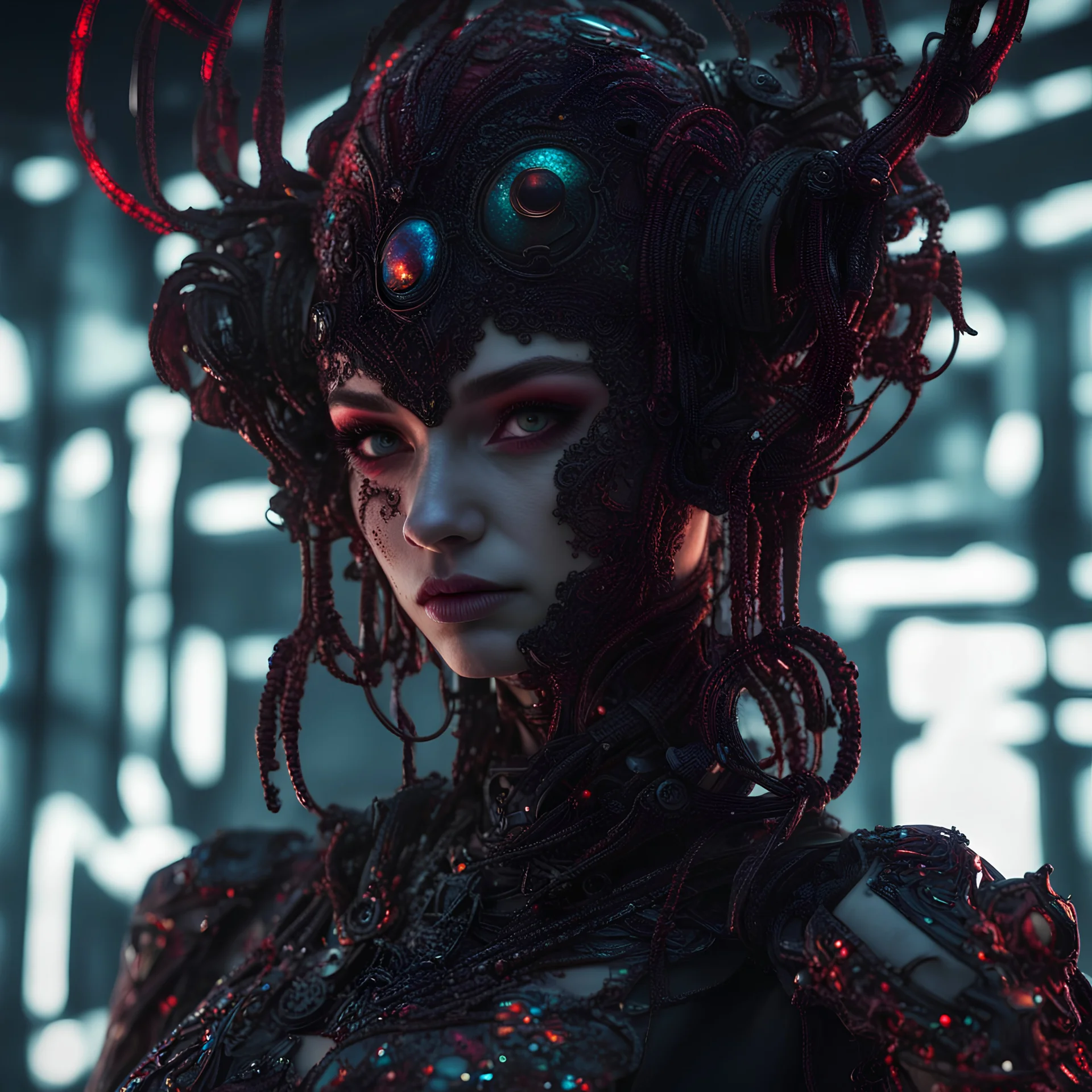 full body, enchanted punk girl, intricately detailed, eyes cybernetic, eyes holographic, darkred tones, 8k, macro photography, high lighting, intricate,